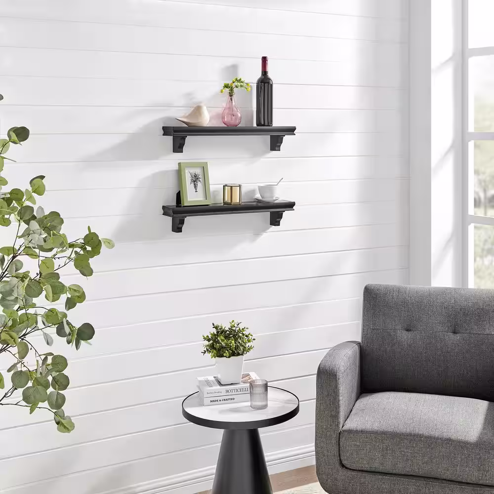 DANYA B 24 in. Black Floating Display Ledge Wall Shelves (Set of 2)