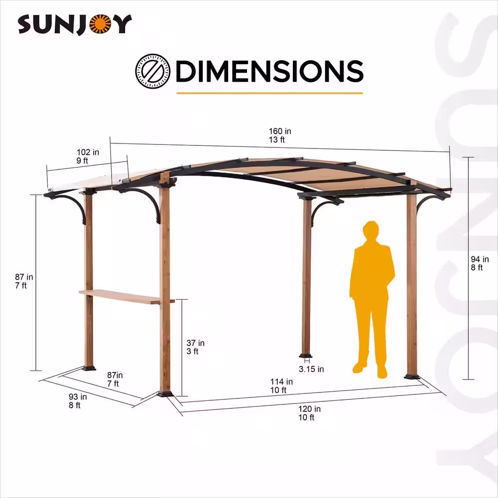Sunjoy Alamo 8.5 ft. x 13 ft. Steel Arched Pergola with Natural Wood Looking and Tan Shade