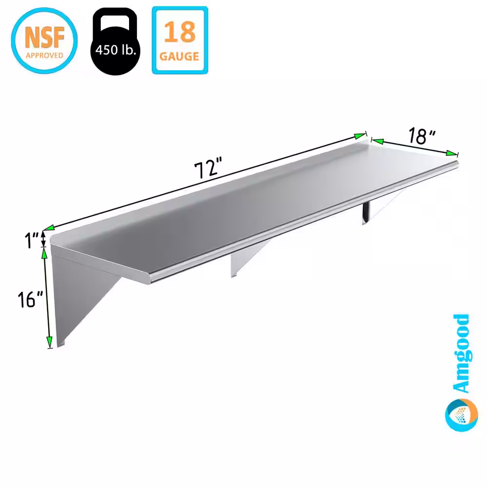 None 18 in. x 72 in. Stainless Steel Wall Shelf Kitchen, Restaurant, Garage, Laundry, Utility Room Metal Shelf with Brackets