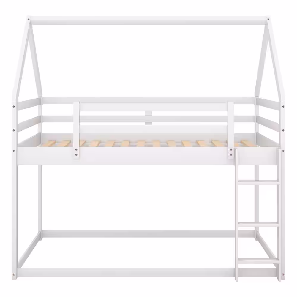 Harper & Bright Designs White Twin Over Twin Wood House Bunk Bed with Ladder