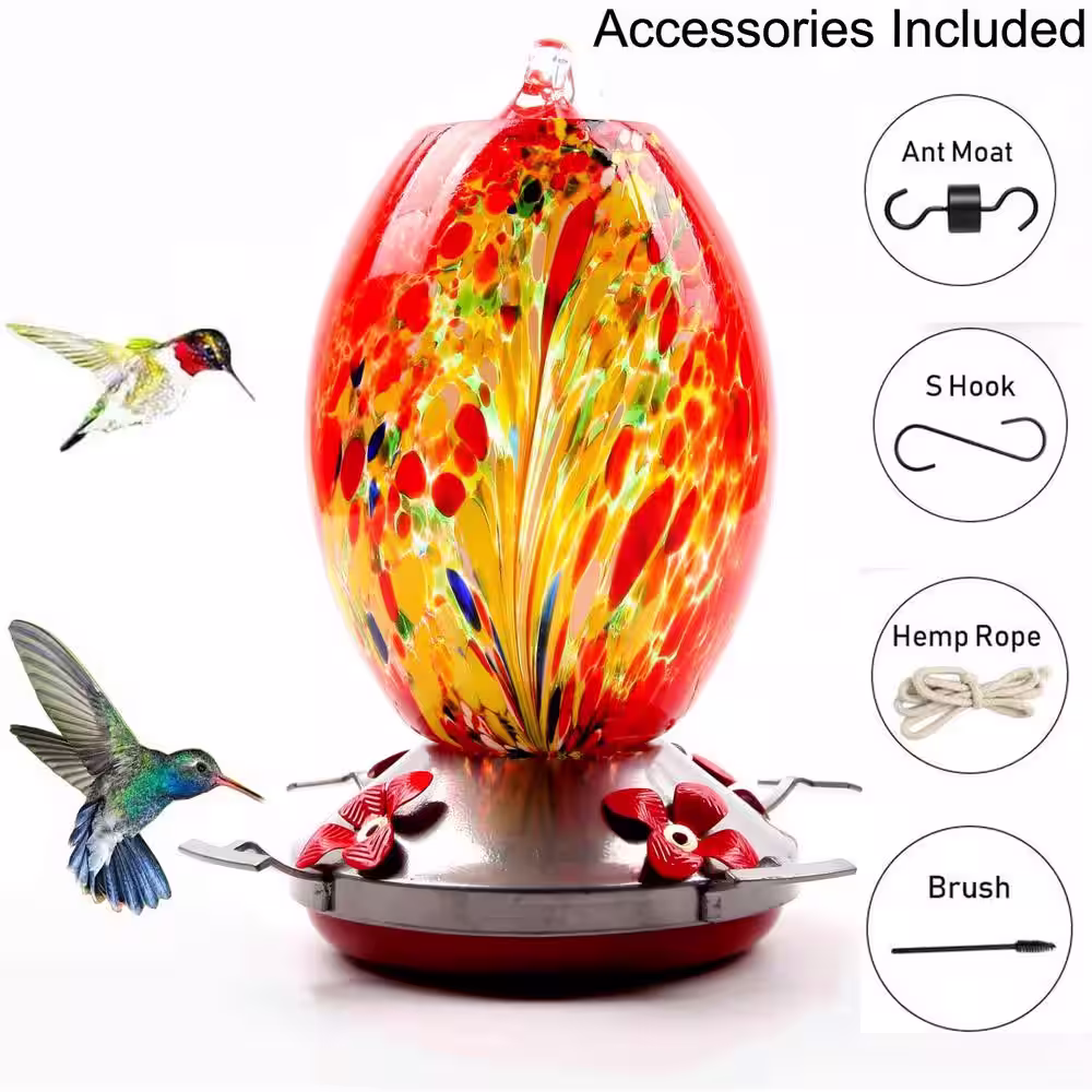 Afoxsos Garden Hummingbird Feeder with Perch - Hand Blown Glass
