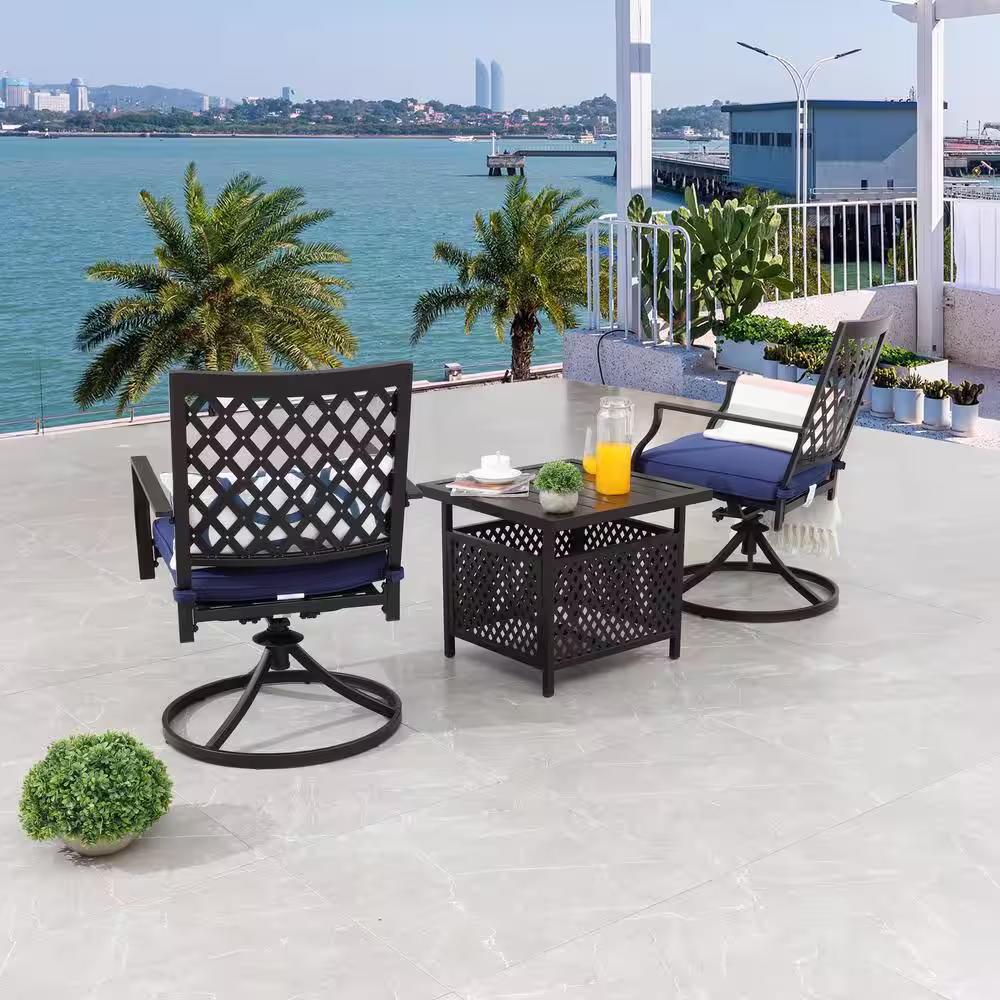 Patio Festival 3-Piece Metal Patio Conversation Set with Blue Cushions