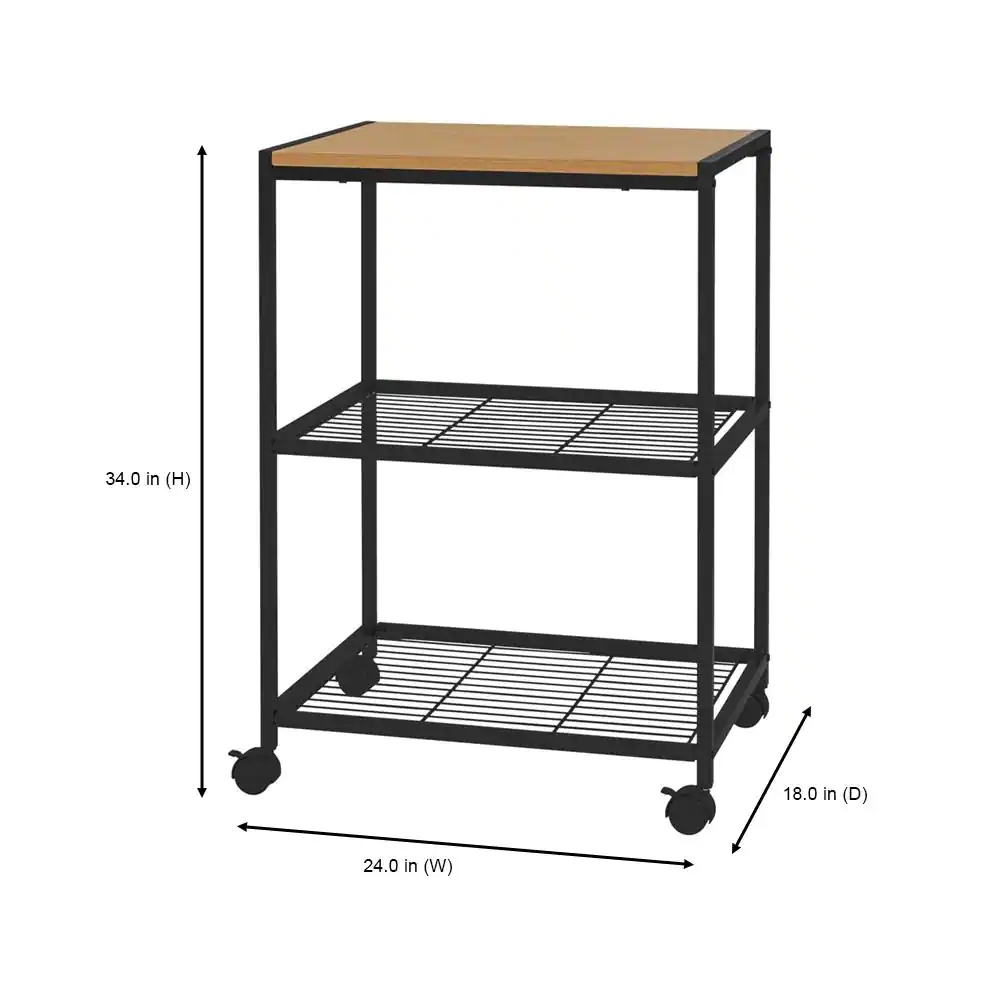 StyleWell Industrial Black Metal Rolling Kitchen Microwave Cart with Wooden Top and 2-Tier Shelving (24