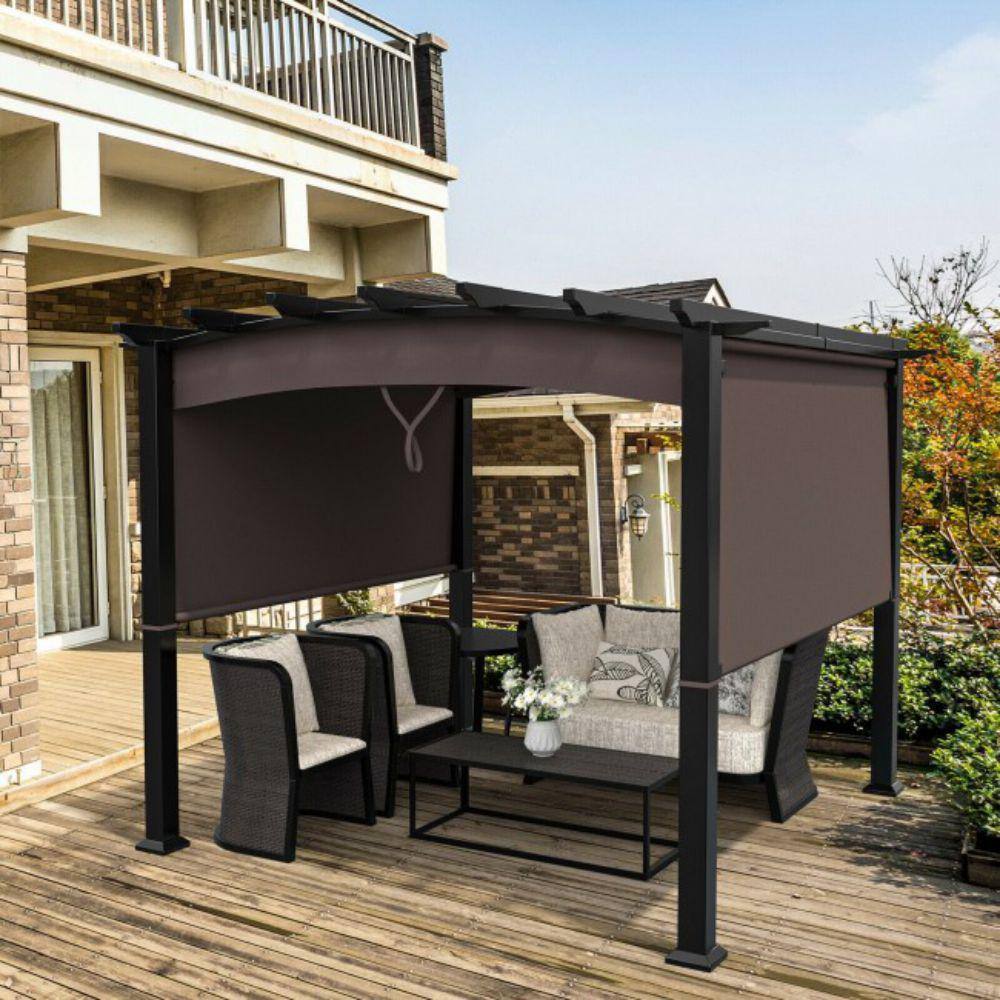 None 120 in. x 120 in./10 ft. x 10 ft. Coffee Steel Patio Pergola Gazebo with Removable and Retractable Shade Canopy