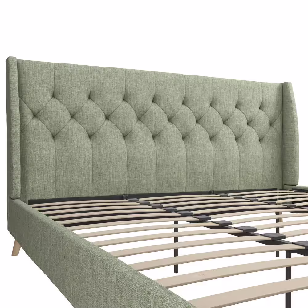 Novogratz Her Majesty Light Green Linen King Bed Frame