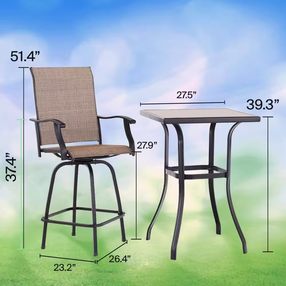 Pyramid Home Decor Outdoor Bar Height Bistro Set, 3-Piece Patio Set,1 Patio Table and Bar 2 Stool Chairs