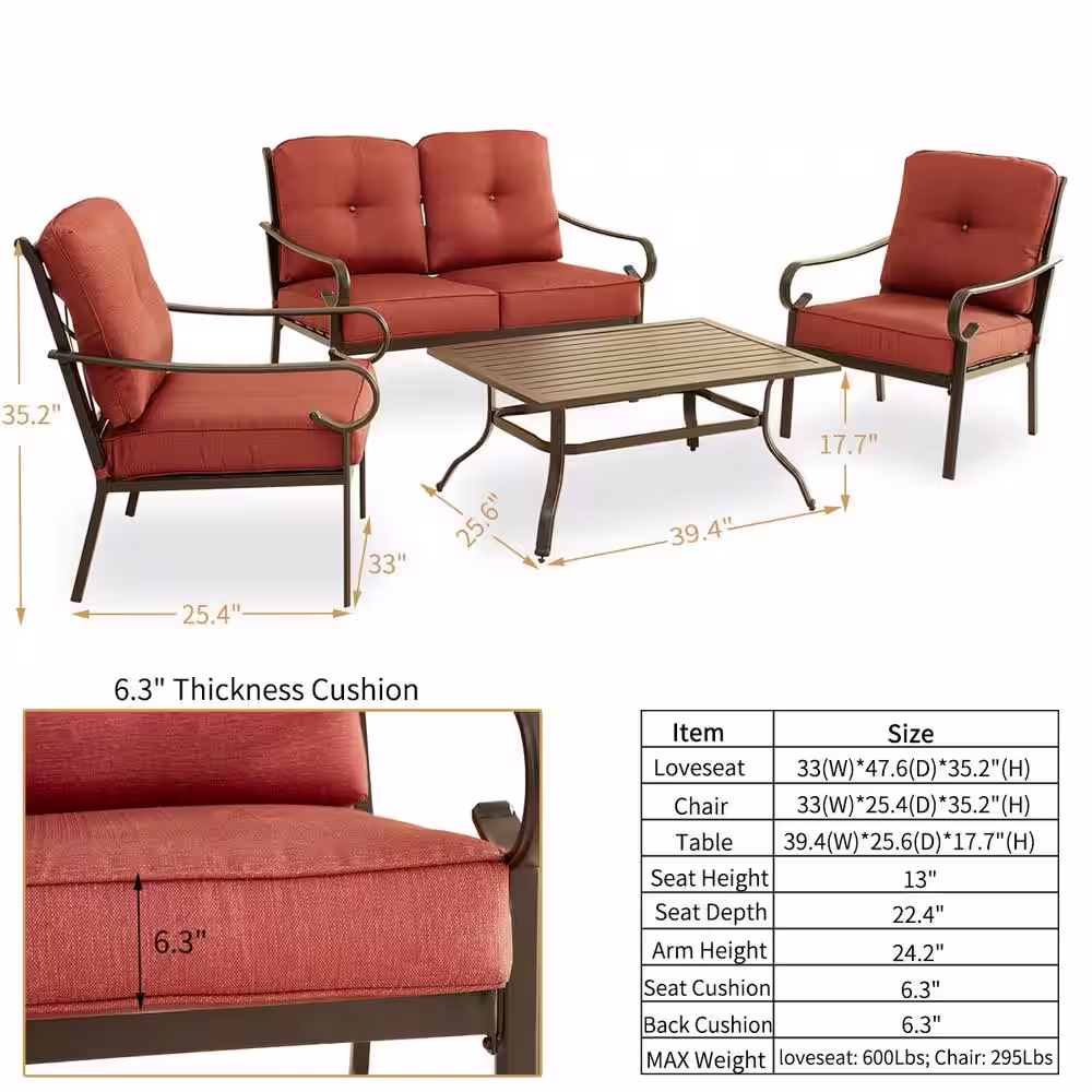 TOP HOME SPACE Black 4-Piece Metal Patio Conversation Set with 6.3 in. Red Cushions