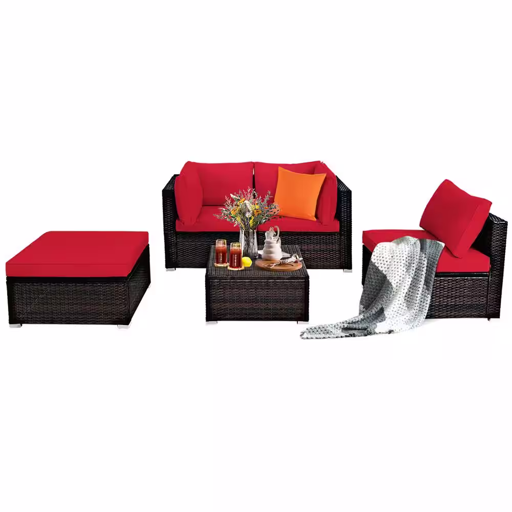 Costway 5-Piece Wicker Patio Conversation Sectional Seating Set with Red Cushions