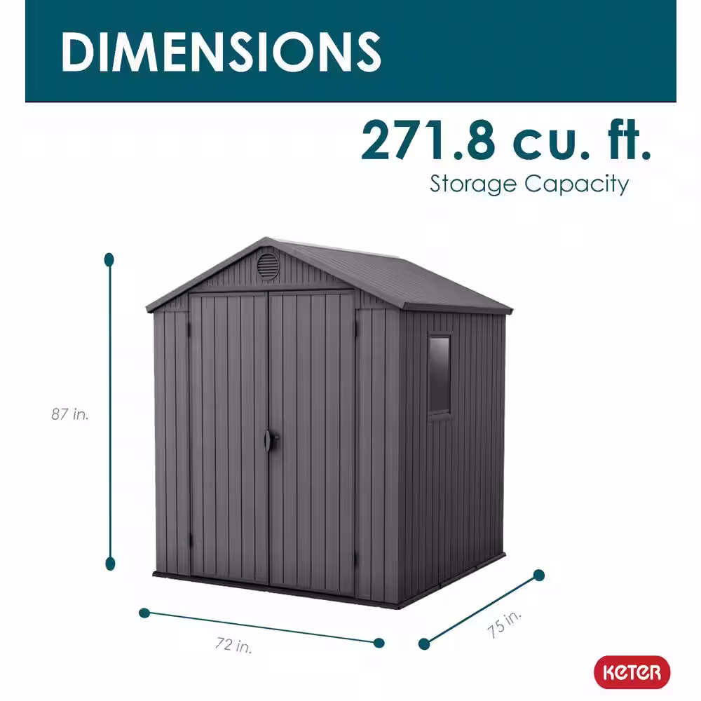 Keter Darwin 6 ft. W x 6 ft. D Outdoor Durable Resin Plastic Storage Shed with Double Doors and Floor, Grey (37.5 sq. ft.)