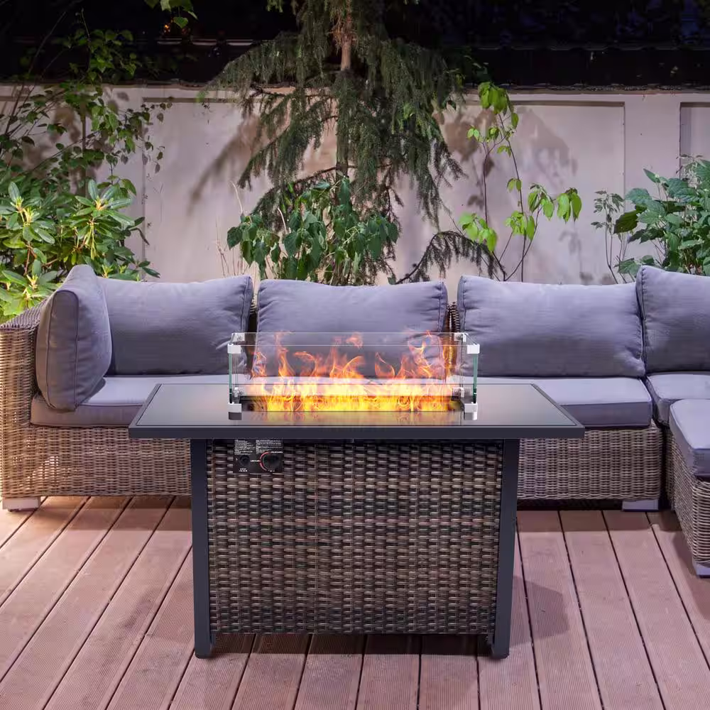 None 43 in. Dark Brown Rectangular Rattan Propane Gas Fire Pit Table 50,000-BTU with Ceramic Tabletop Water-Resistant Cover