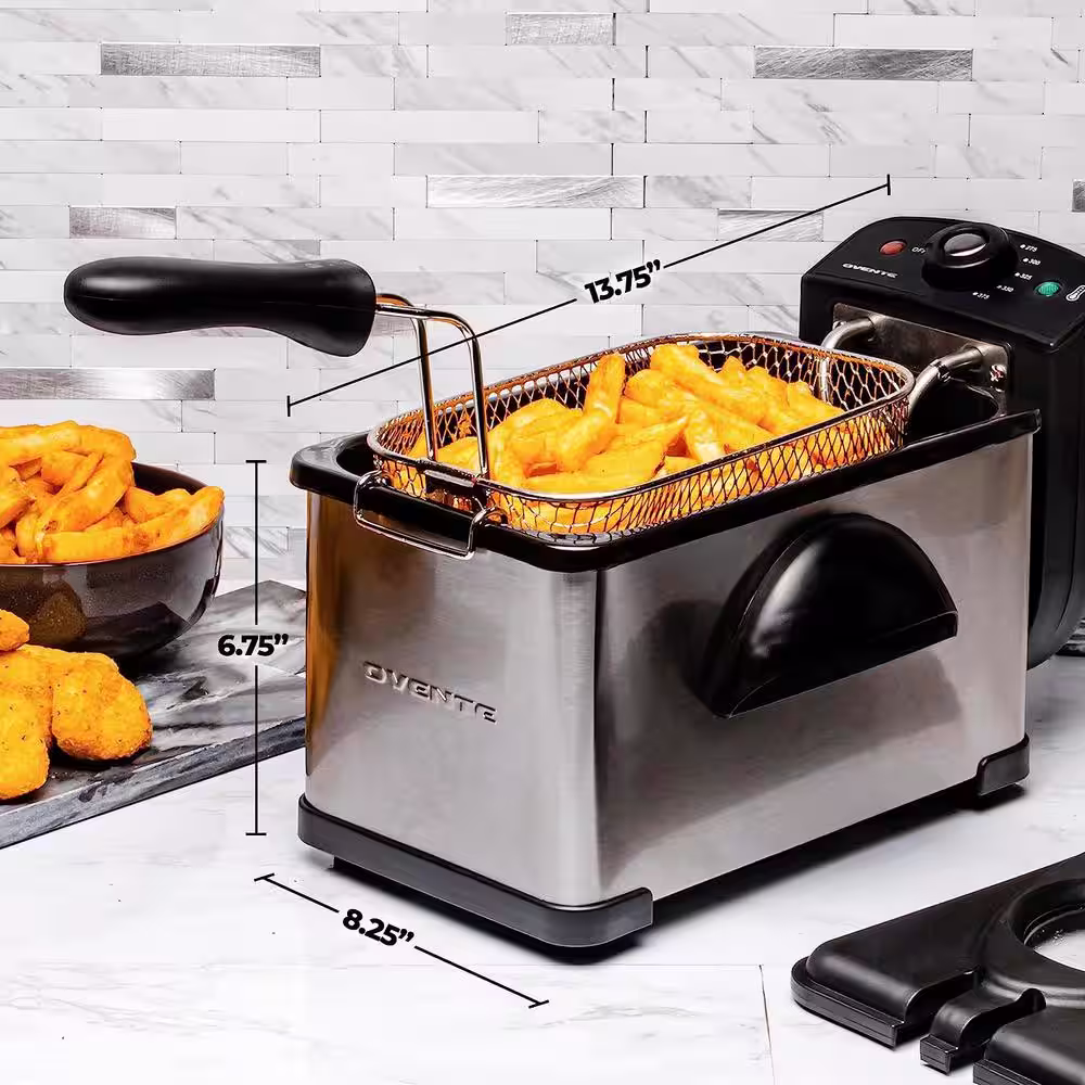 OVENTE 2.11 Qt Silver Electric Deep Fryer with Removable Frying Basket