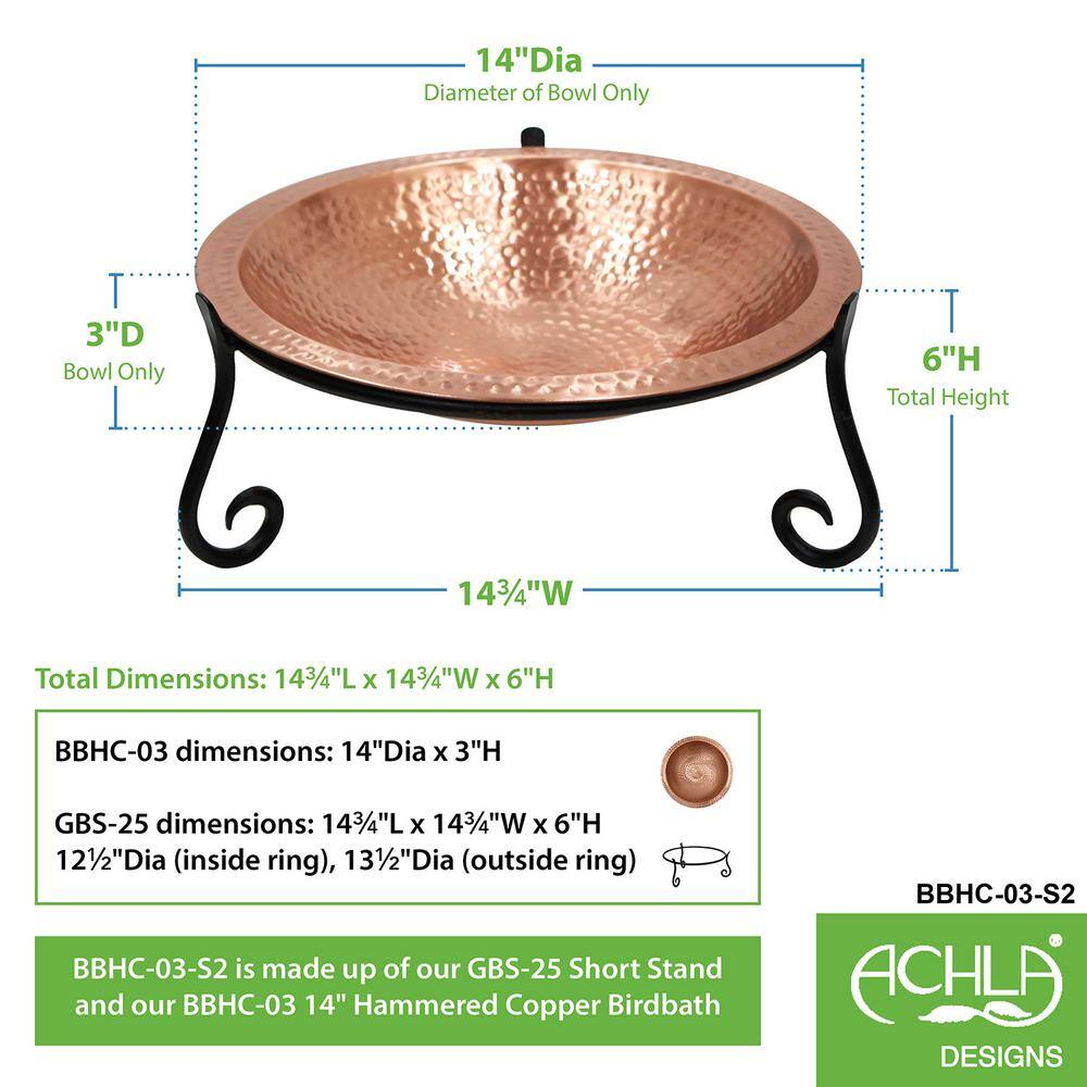 ACHLA DESIGNS 14 in. W Round Satin Hammered Solid Copper Birdbath Bowl w/ Blk Wrought Iron Short Stand Garden Accent Outdoor Accessory