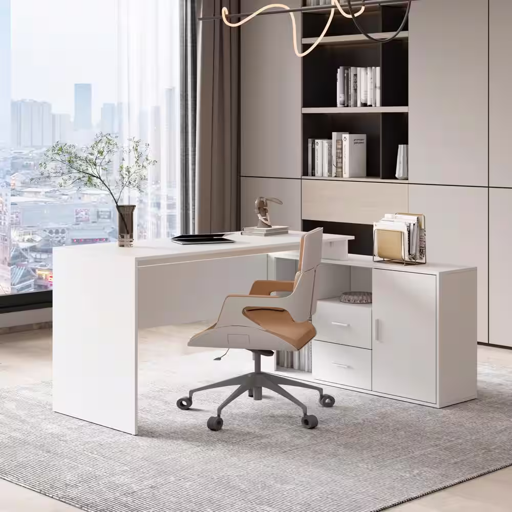 None White L-Shaped MDF Computer/Writing Desk, with 2 Drawers, Open Shelves and Cabinet, 55.1 in. W x 29.4 in.H