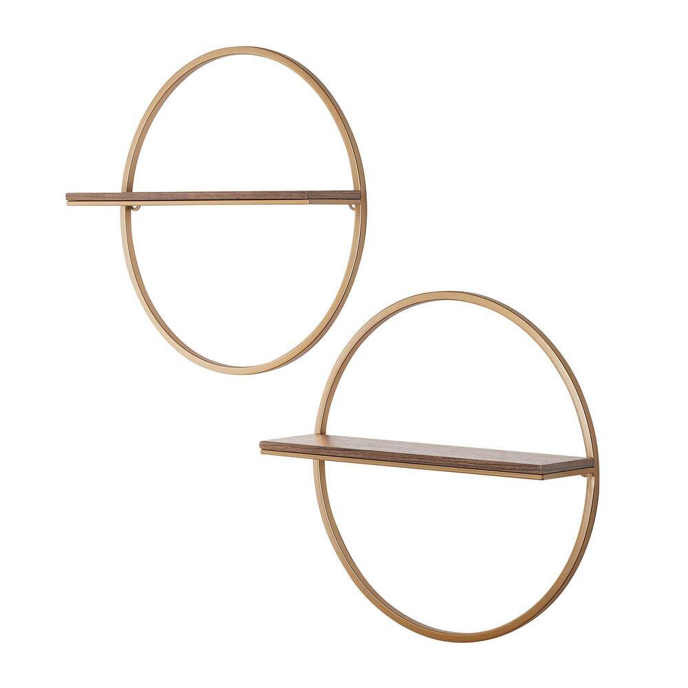 StyleWell 15 in. H x 15 in. W x 4 in. D Wood and Gold Metal Wall-Mount Round Floating Shelf (Set of 2)