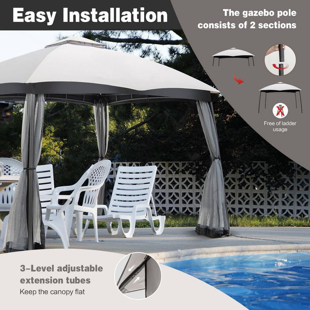 ANGELES HOME 10 ft. x 12 ft. Gray Patio Double-Vent Canopy with Privacy Netting and 4 Sandbags