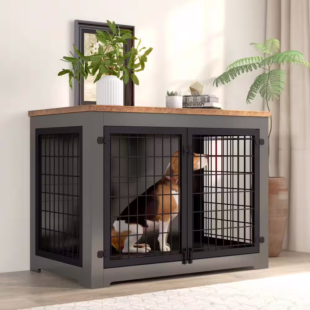 None 40.16 in. W Brown and Black Furniture Style Dog Cage Wooden Dog Cage Double Door Dog Cage Side Cabinet Dog Cage