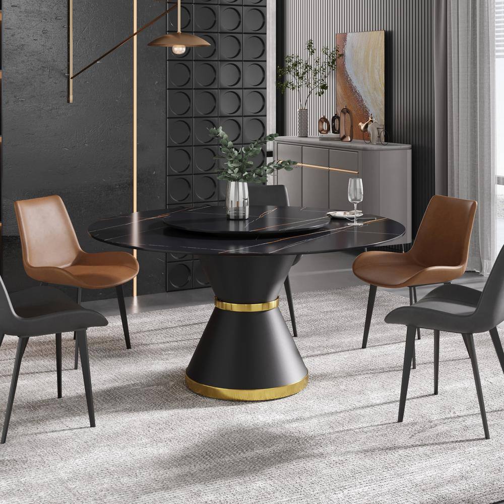 None 59.05 in. Black Modern Round Sintered Stone Tabletop Dining Table with Metal Leather Base (Seats 8)