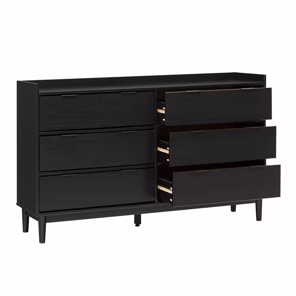 Welwick Designs 6-Drawer Black Solid Wood Mid-Century Modern Gallery-Top Dresser (33.75 in. H x 55.25 in. x 16 in. D)