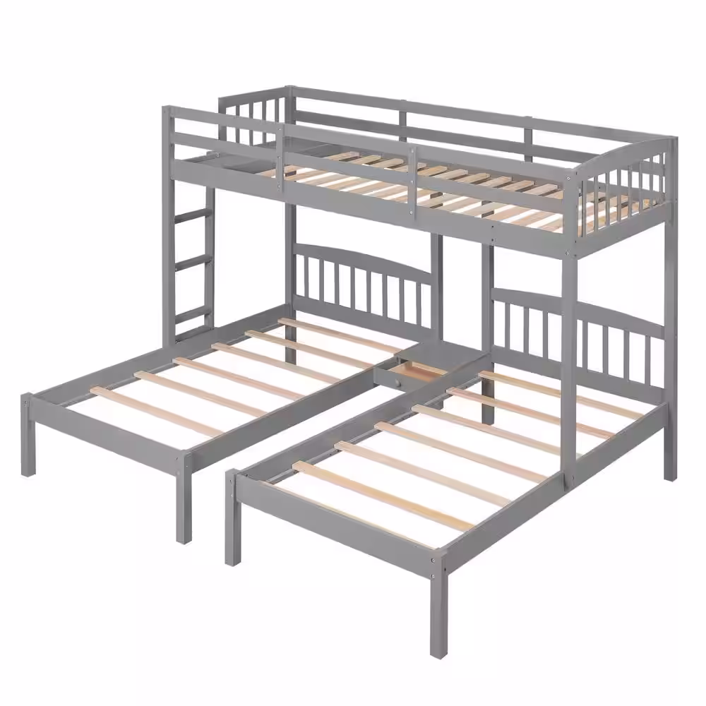 Qualler Gray Twin Over Twin and Twin Bunk Bed with Built-in Middle Drawer