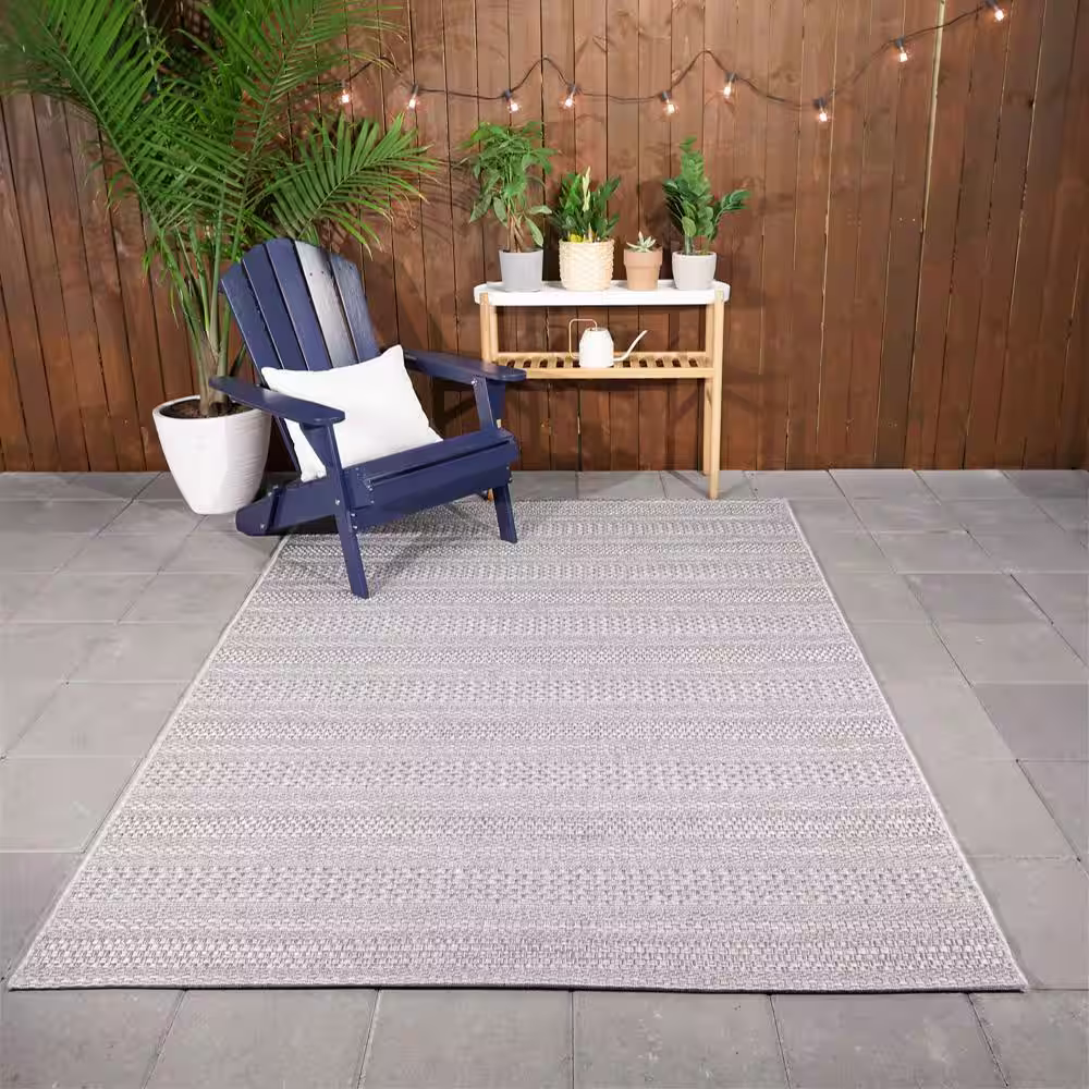 Hampton Bay Natural Ash Grey 5 ft. x 7 ft. Striped Indoor/Outdoor Patio Area Rug