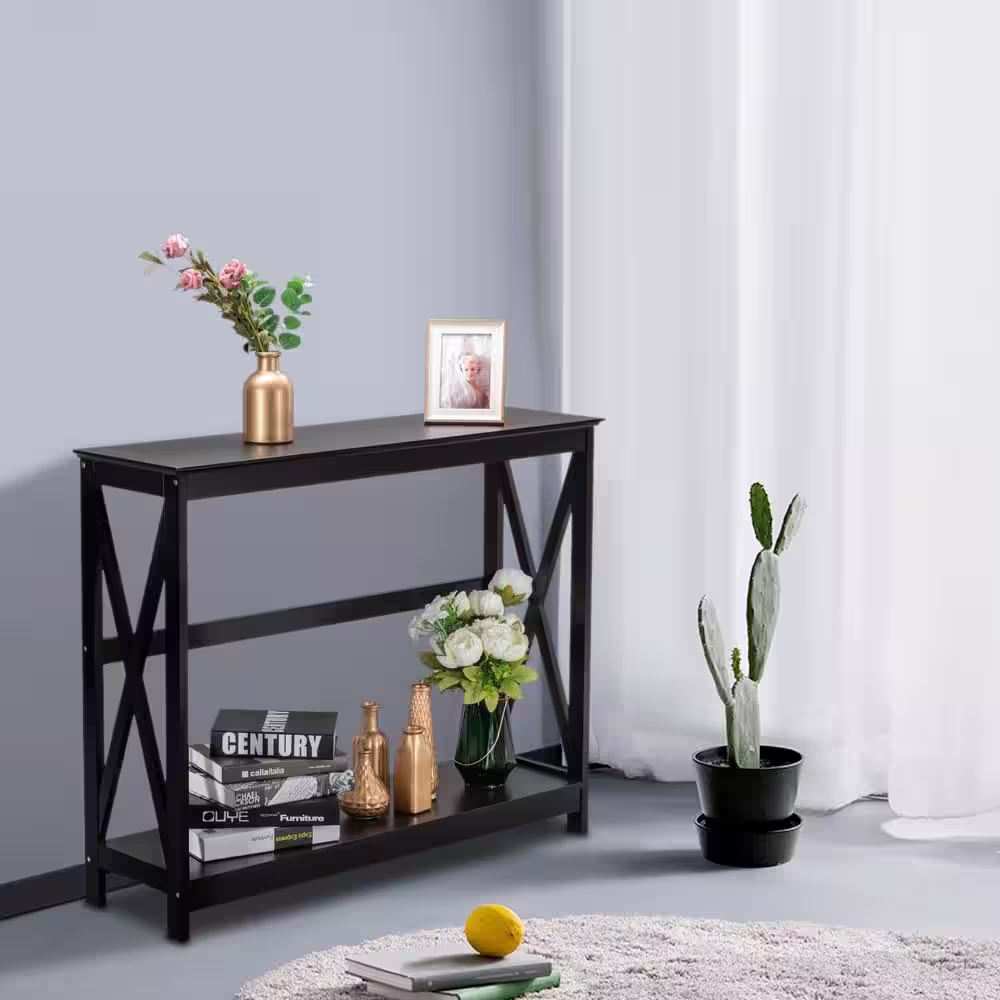 None 41.73 in. Standard Rectangle Black Wood Console Table with Shelves