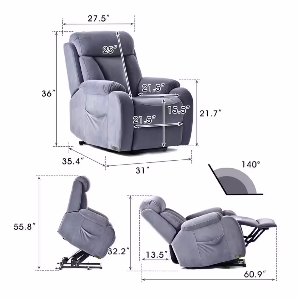 DAZONE Gray 31'' Wide Power Lift Assist Standard Recliner Velvet Polyester Blend With Remote Control