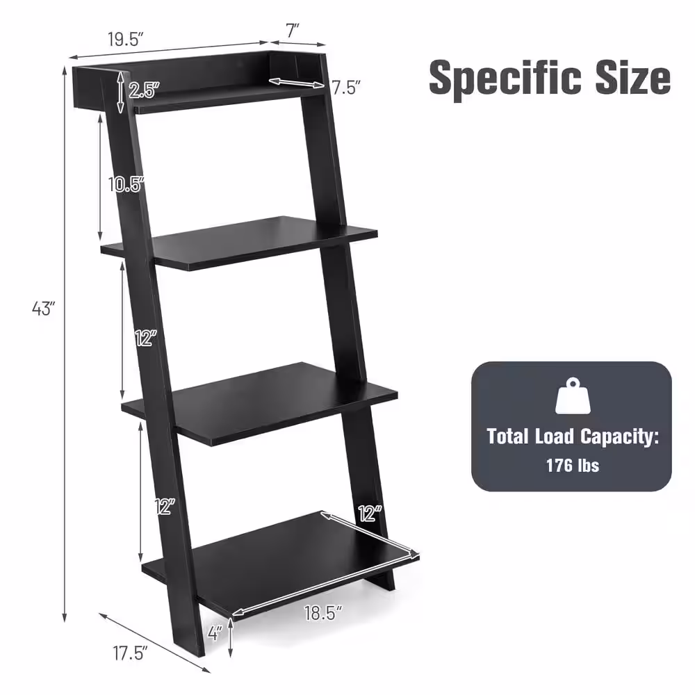 HONEY JOY 19.5 in. W x 43 in. H x 17.5 in. D Black 4-Tier Ladder Shelf Wooden Leaning Bookshelf Display Rack Modern Shelving Unit