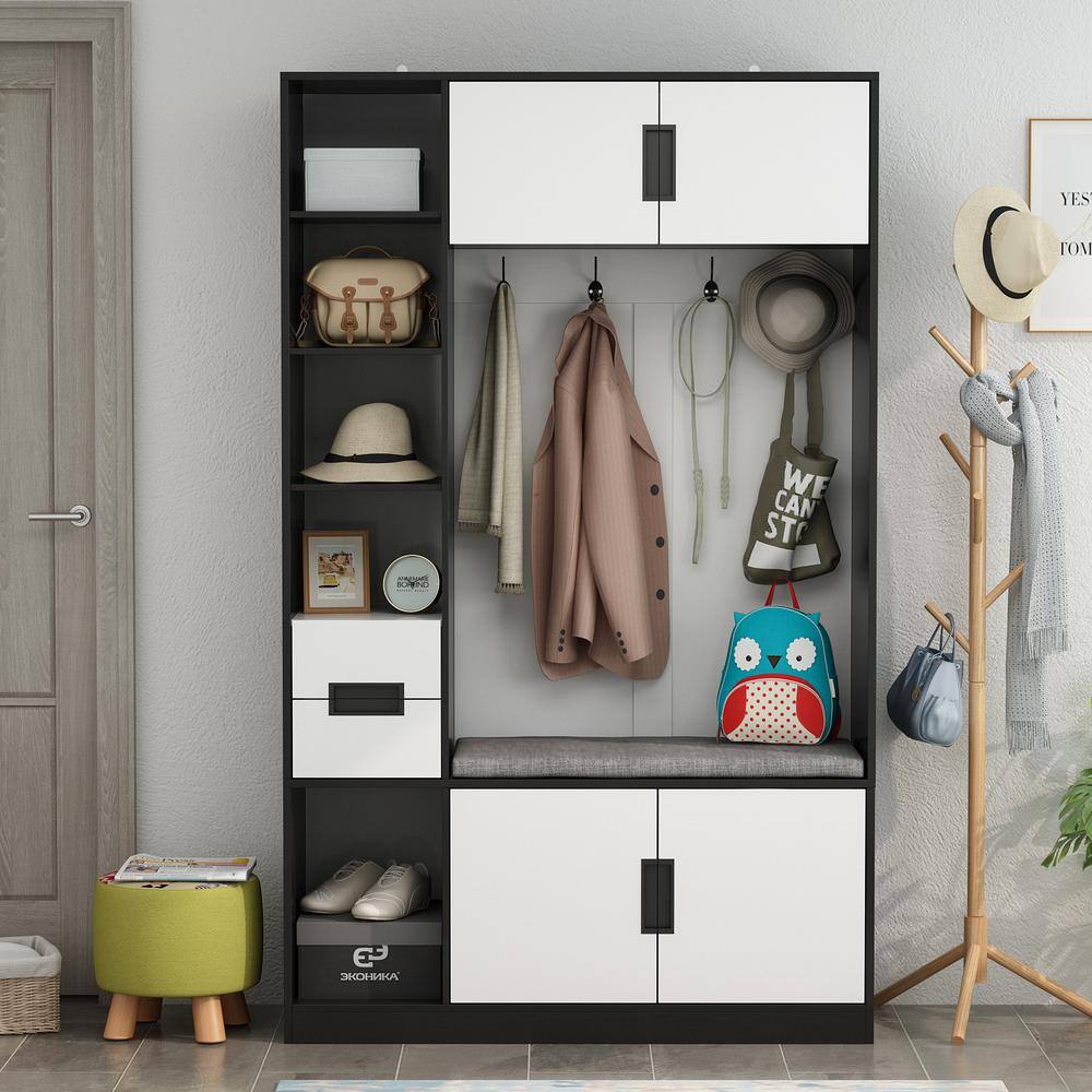 None 70.9 in. H Black Wood 3-in-1 Coat Rack Shoe Bench with 4-Metal Hooks and Doors, 2-Drawers and Shelves