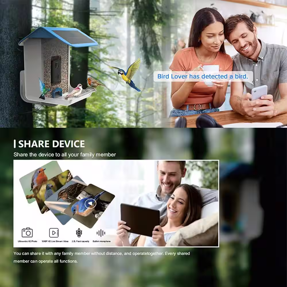 None Smart Bird Feeder Bird House with 1080P HD Camera, Solar Roof, Built-in Microphone (Include 32G SD Card)