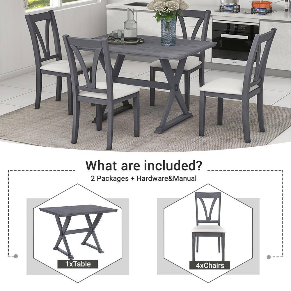 None 5-Piece Grey Wood Top Kitchen Dining Table Set Dining Room Table and 4-Upholstered Chairs
