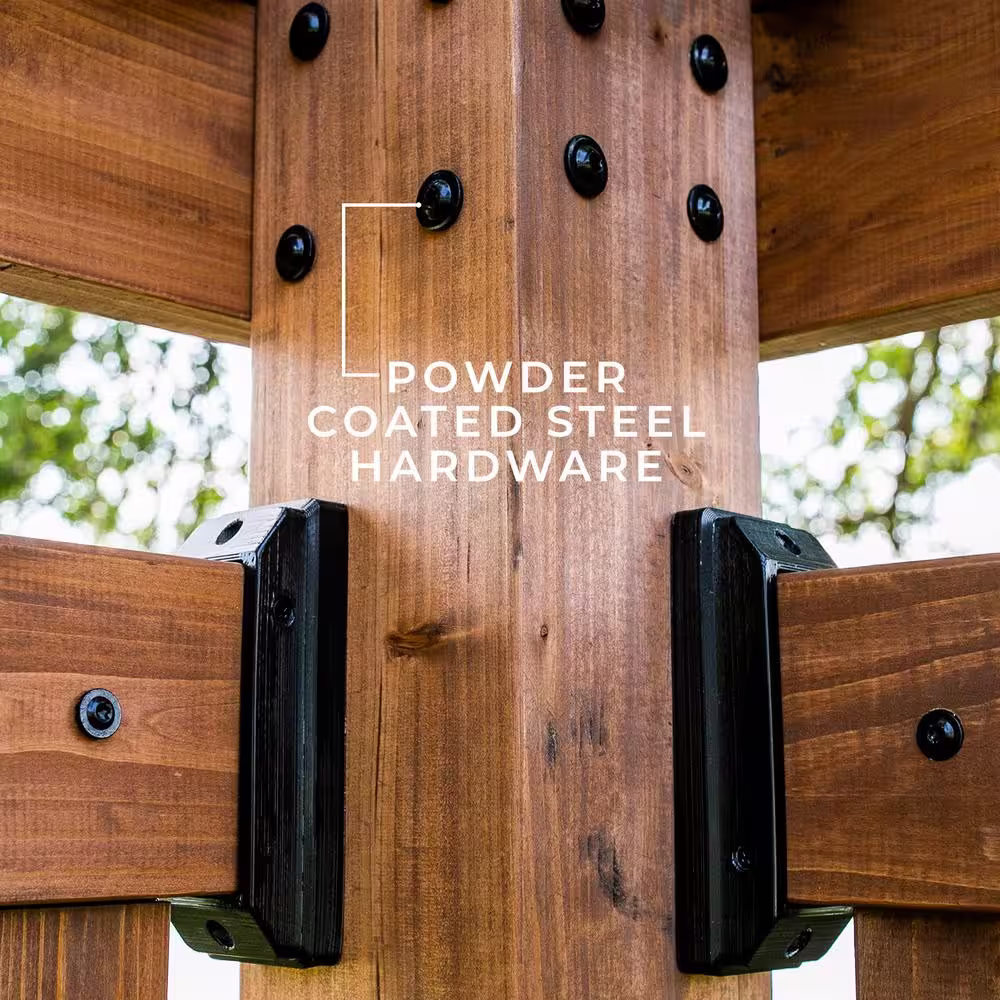 Backyard Discovery Tuscany 9 ft. x 9 ft. Light Brown Wooden Cabana Pergola with Bamboo Privacy Panels and Pumice Conversation Seating