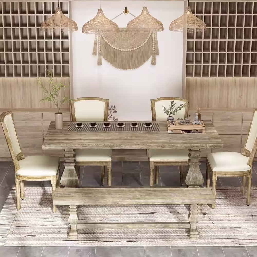 None 69.7 in. W Gray Oak Wood Double Pedestal Dining Set With Bench