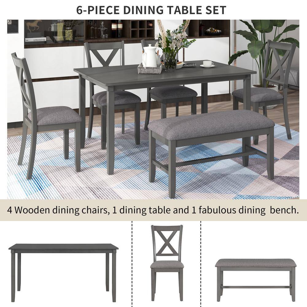 Harper & Bright Designs 6-Piece Wood Top Gray Dining Table Set with 4-Dining Chairs and 1-Bench