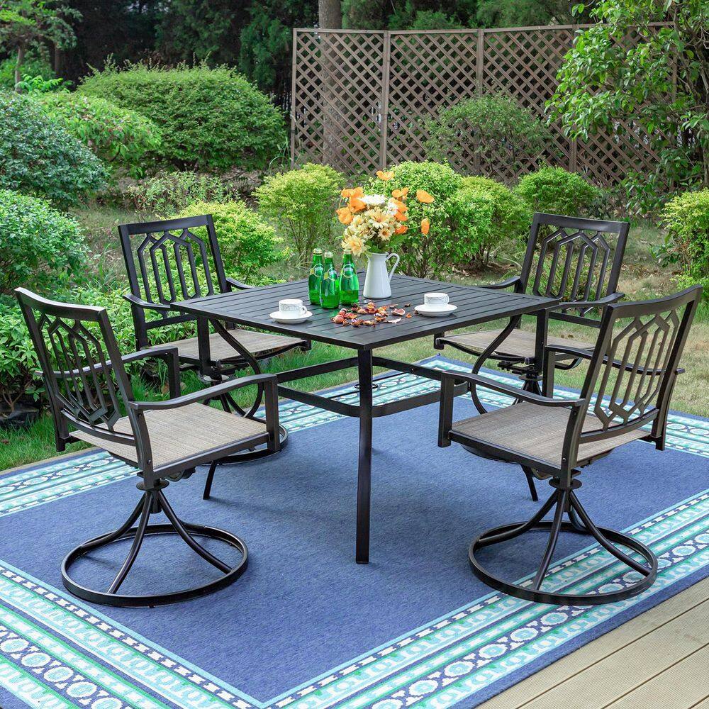 None 5-Piece Black Metal Outdoor Patio Dining Set with Slat Square Table and Fashion Swivel Chairs