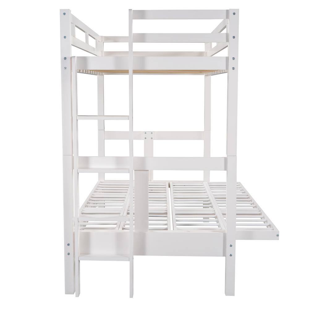 ANBAZAR Twin over Full Bunk Bed/Twin over Futon, Convertible to 2 Beds, Wood Bunk Bed with Safety Guardrail and Ladde(White)