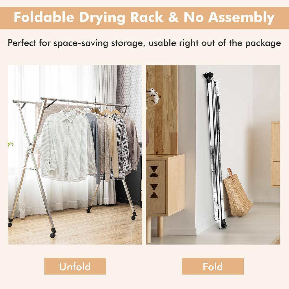 Costway Silver Stainless Steel Drying Clothes Rack Garment Rack Adjustable & Foldable w/Wheels 60 in. W x 54 in. H