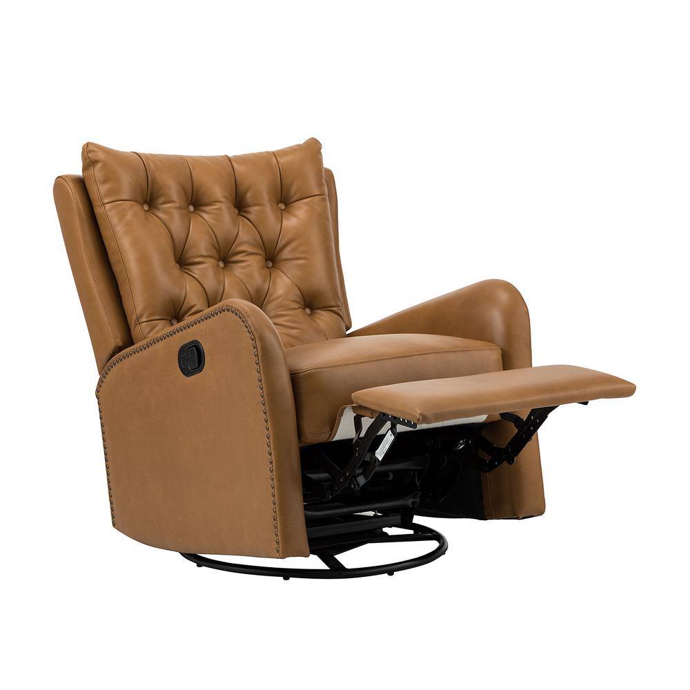 JAYDEN CREATION Herbert Camel Genuine Leather Manual Swivel Recliner Nursery Chair with Nailhead Trims