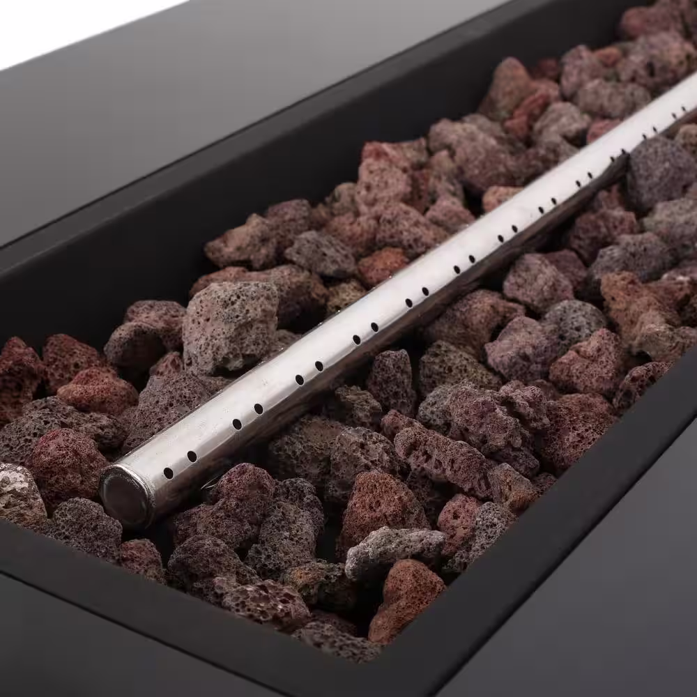 Noble House Delphine Light Grey and Grossy Black Rectangular Stone Fire Pit (No Tank Holder)