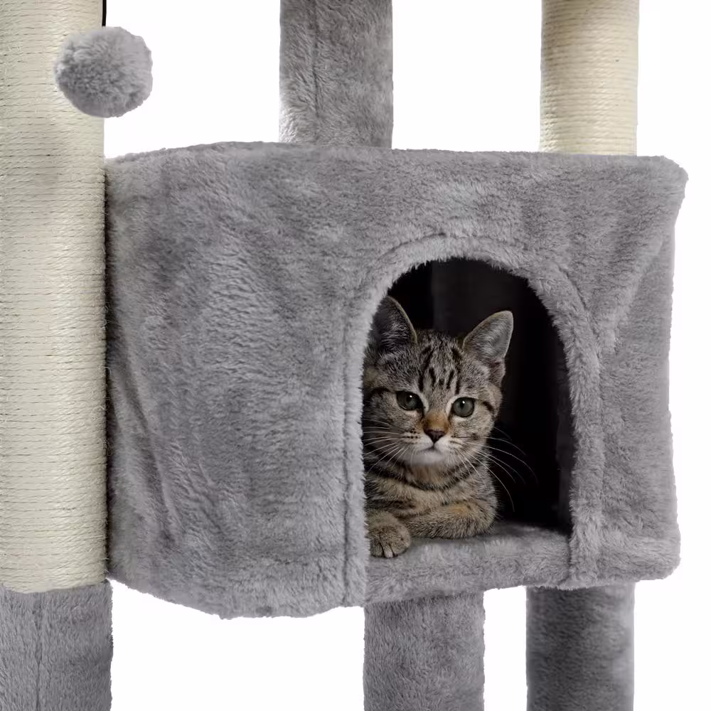 Foobrues 28.40 in. H Pet Cat Scratching Posts and Trees Cat Bed with Condos and Replaceable Dangling Balls in Gray
