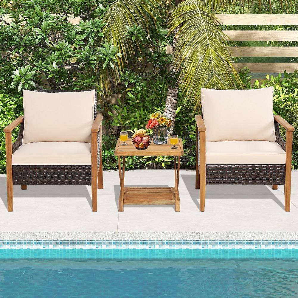 Costway 3PCS Wicker Patio Conversation Set Armchairs with 2-Tier Side Table Balcony and Natural Cushions