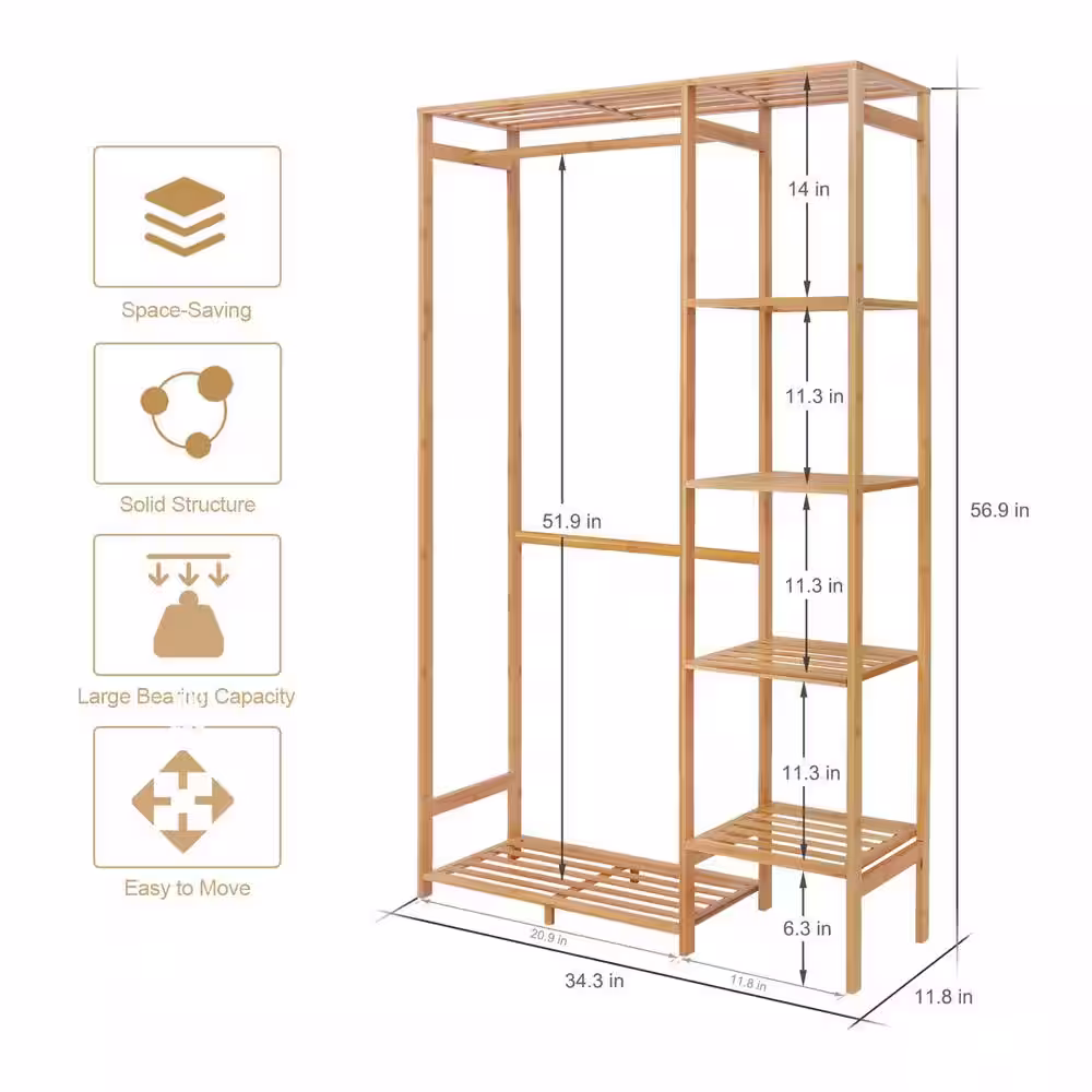 None Brown Bamboo Garment Clothes Rack with 5 Shelves 34 in. W x 57 in. H