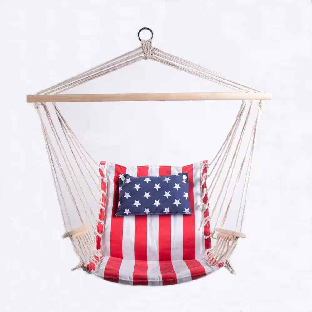 None 2.5 ft. Hammock Chair with Wooden Armrests in Red, White and Blue