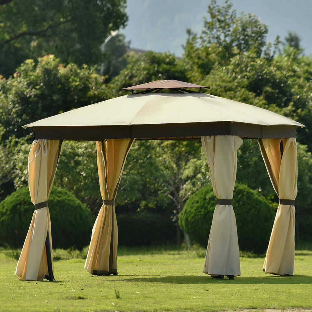None 11.8 ft. x 11.8 ft. Iron Patio Outdoor Gazebo Double Roof Soft Canopy Garden Backyard Gazebo with Mosquito Netting