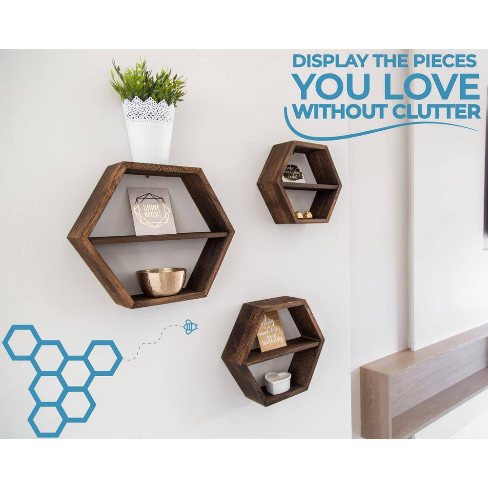 None 22 in. x 22 in. x 4 in. Wood Rustic Wall Mounted Hexagonal Floating Shelves (Set of 3)