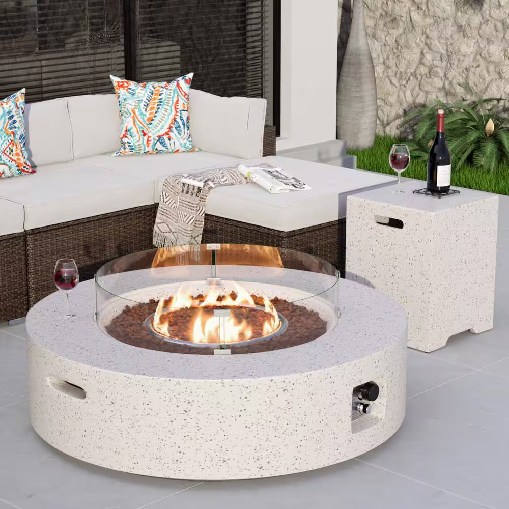 None 41 in. 50000 BTU Elegant White Round Composite GRFC Fire Pit Table with Glass Wind Guard and Water-Resistent Cover
