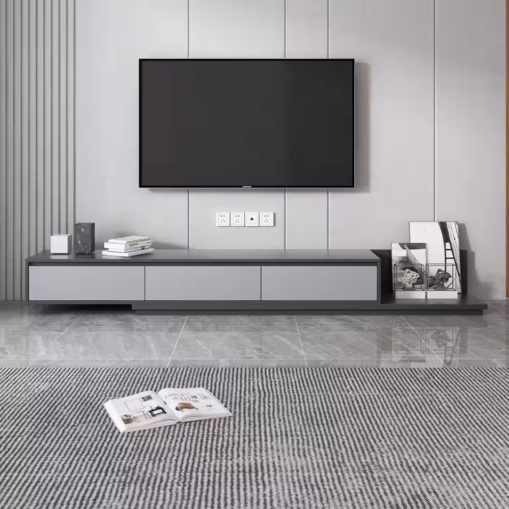 THE RIGHT PATH 118 in. Modern Gray Retractable TV Stand Extendable Media Console with 3 Drawers