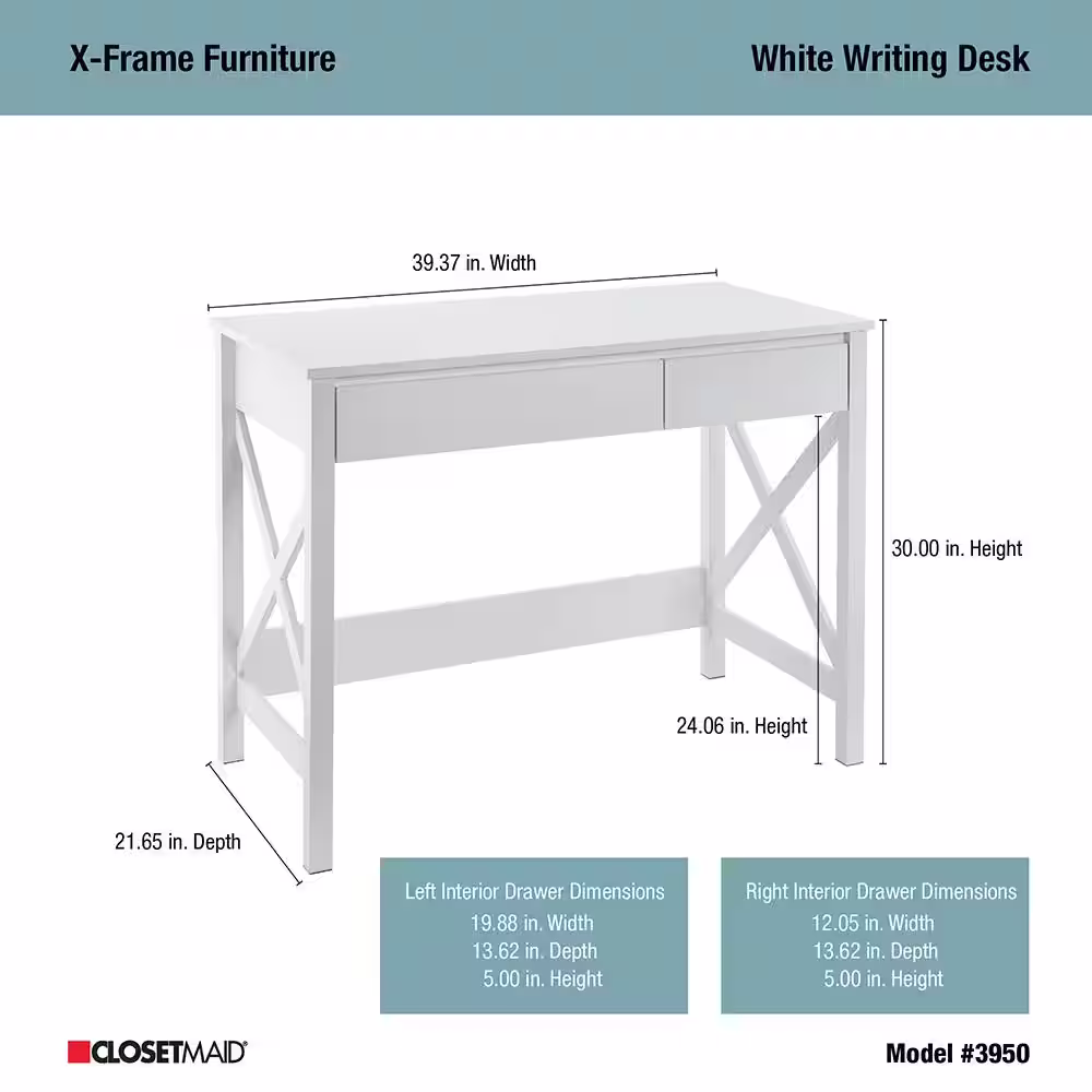 ClosetMaid X-Frame 30 in. H x 39.4 in. W x 21.7 in. D Metal Frame Writing and Computer Desk Shelving Unit in White