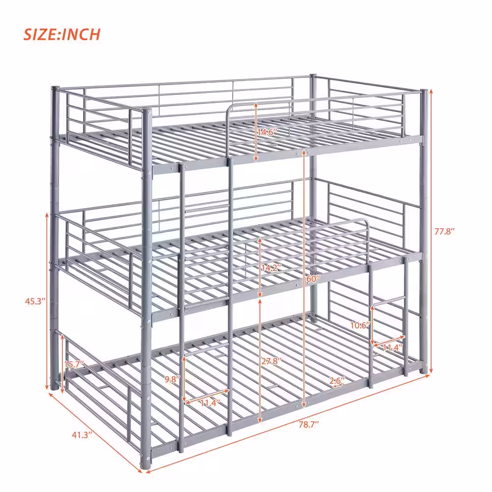 Harper & Bright Designs Gray Twin Size Triple Metal Bunk Bed with Built in Ladder, Divided into 3-Separate Beds