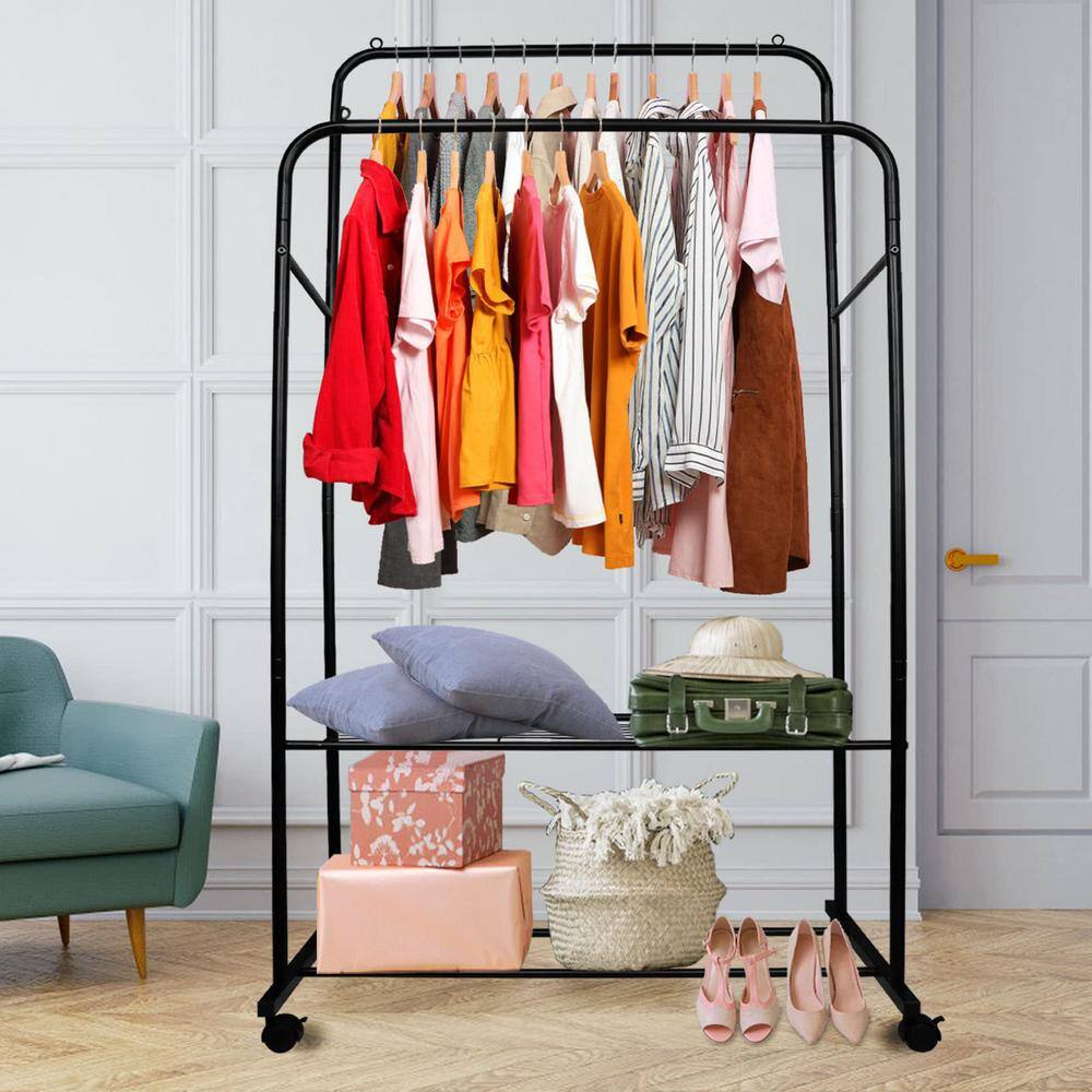 None Black Steel Garment Clothes Rack Double Rods 31.5 in. W x 62.6 in. H