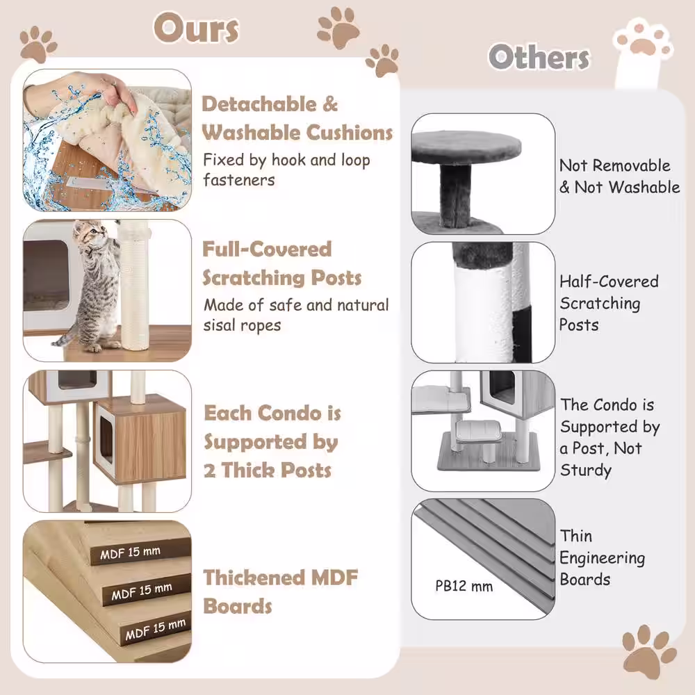 ANGELES HOME 64-1/2 in. H Natural Wood Cat Tree with Condos, Scratching Post, Removable Cushions
